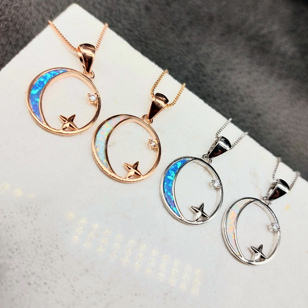 Opal Crescent Moon With Dazzling Star Necklace, 925 Sterling Silver